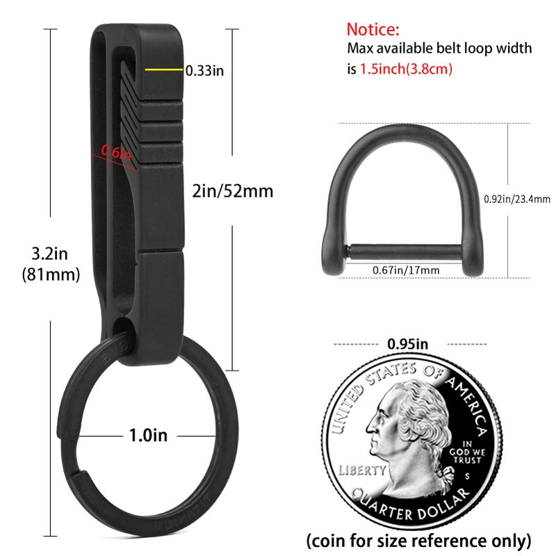 TISUR Belt Loop Keychain Clip, Titanium Carabiner Keychain Key Holder with Detachable Key Ring for Duty Belt, Car Key Chain for Men Women, BK1S+D Ring (Black) - Image 2