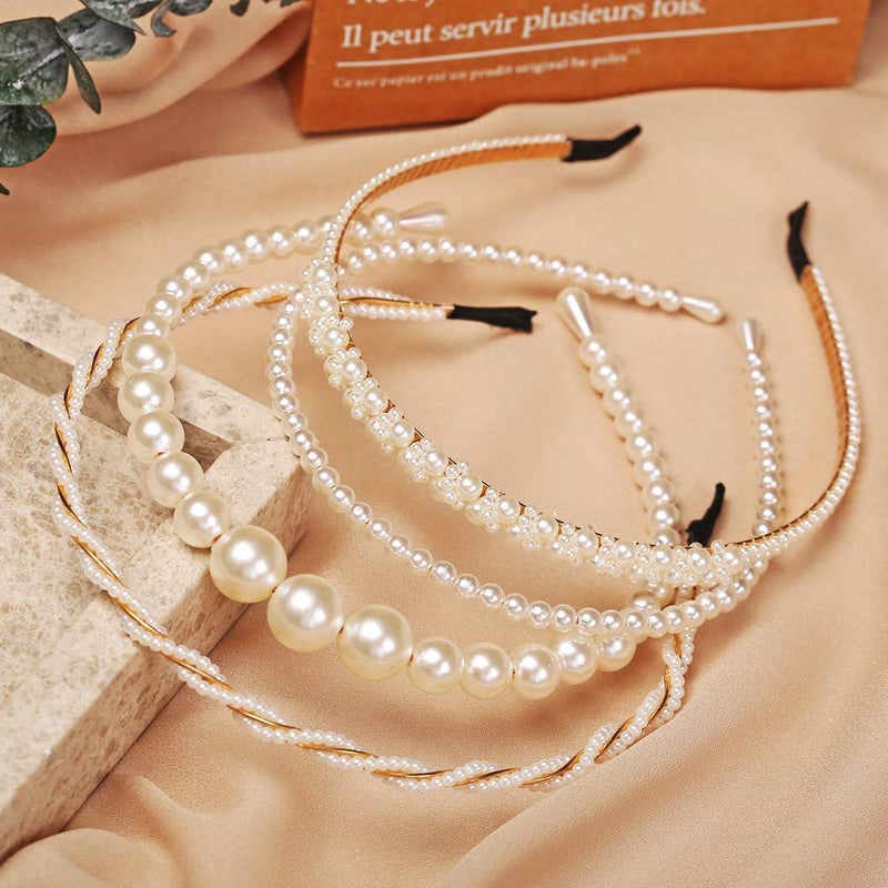 BEAYFILY 4 Pack Pearls Fashion HeadbandsWhite Artificial Pearl Rhinestones HairbandsBridal Hair Hoop Party Wedding Hair Accessories for Women Girls