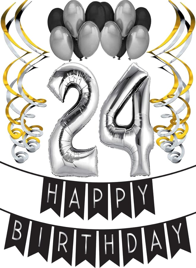 Sterling James Co. 24th Birthday Happy Birthday Bunting, Balloon, and Swirls Party Pack Supplies (Black & Silver)