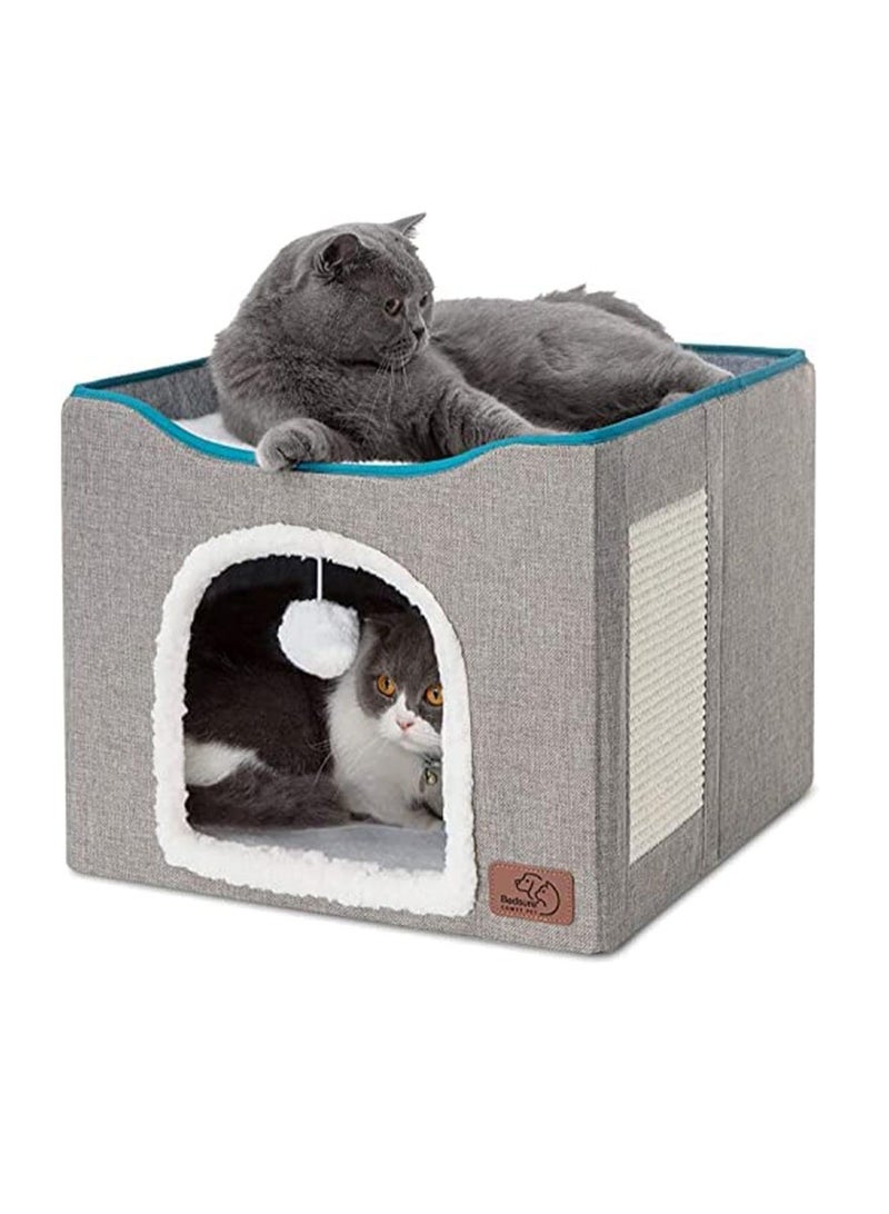 سرير للقطط للقطط الداخلية، بيت كبير للقطط قابل للطي مع حصيرة، إطار تسلق متعدد الوظائف للقطط مع لوح خدش للقطط وكرة تعليق، سهل التجميع، كهف سرير للحيوانات الأليفة - Image 1