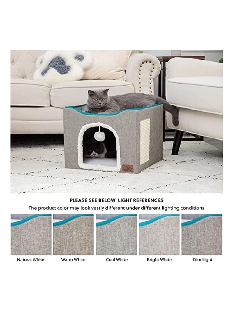 سرير للقطط للقطط الداخلية، بيت كبير للقطط قابل للطي مع حصيرة، إطار تسلق متعدد الوظائف للقطط مع لوح خدش للقطط وكرة تعليق، سهل التجميع، كهف سرير للحيوانات الأليفة - Image 3