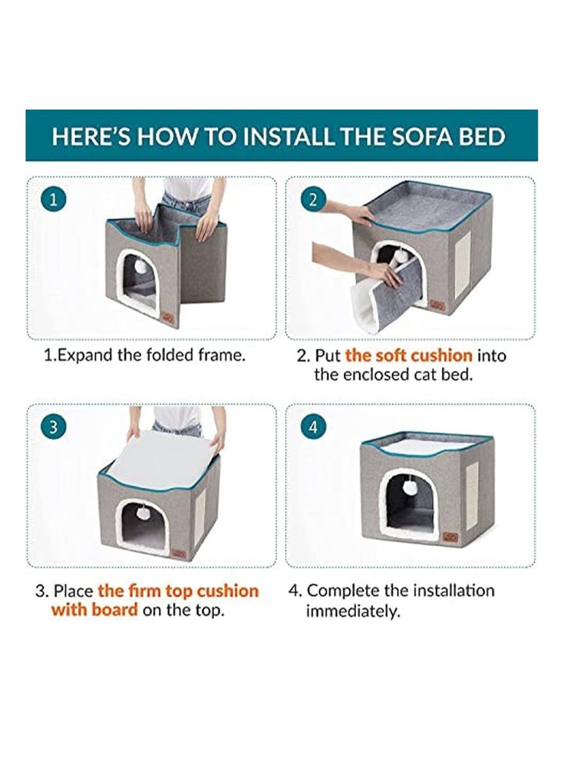 سرير للقطط للقطط الداخلية، بيت كبير للقطط قابل للطي مع حصيرة، إطار تسلق متعدد الوظائف للقطط مع لوح خدش للقطط وكرة تعليق، سهل التجميع، كهف سرير للحيوانات الأليفة - Image 4