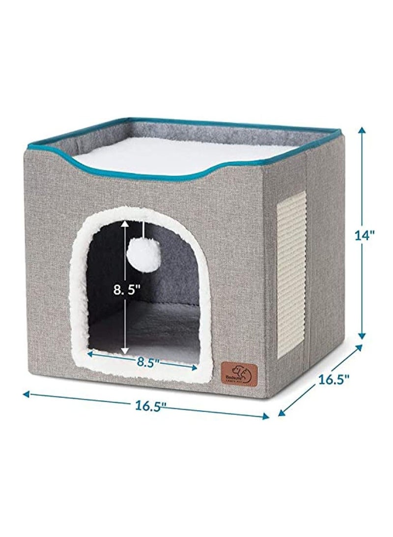 سرير للقطط للقطط الداخلية، بيت كبير للقطط قابل للطي مع حصيرة، إطار تسلق متعدد الوظائف للقطط مع لوح خدش للقطط وكرة تعليق، سهل التجميع، كهف سرير للحيوانات الأليفة - Image 5