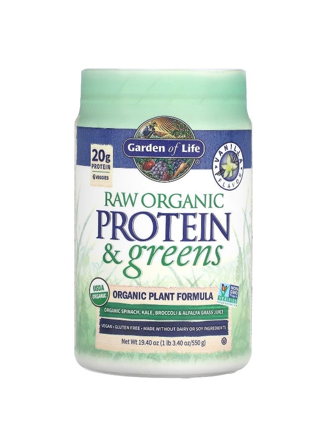 Garden of Life Garden of Life, RAW Organic Protein & Greens, Plant Formula, Vanilla, 19.40 oz (550 g)  - Image 1