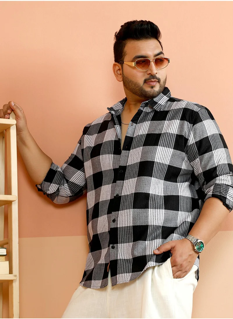 انستافاب بلس Instafab Plus Men's Black & White Self-Stitch Buffalo Check Shirt For Casual Wear | Spread Collar | Long Cuffed Sleeves | Button Closure | Plus Size Shirt Crafted With Comfort Fit For Everyday Wear