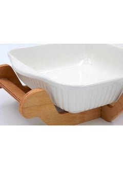 Devigo Porcelain Oven Bowl with Wooden Stand - Salad Bowl with Wooden Stand  - Image 3