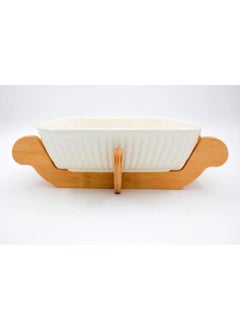 Devigo Porcelain Oven Bowl with Wooden Stand - Salad Bowl with Wooden Stand  - Image 4