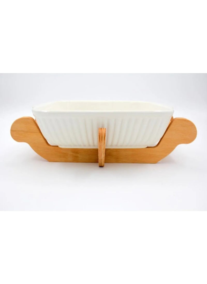 Devigo - Porcelain Oven Bowl with Wooden Stand - Salad Bowl with Wooden Stand - Image 1