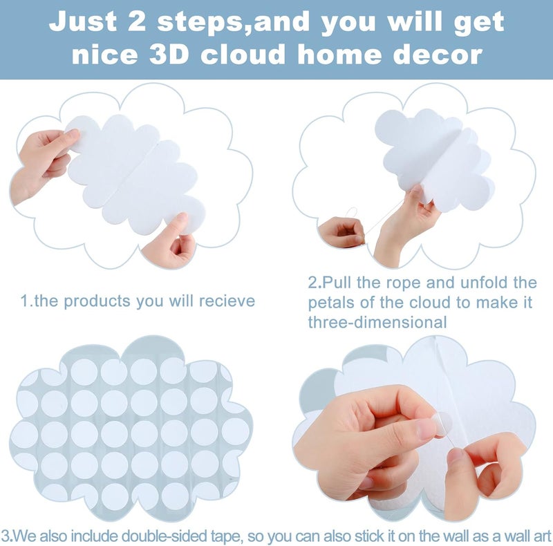 Tatuo 8 Pcs 3D Cloud Decorations Hanging Clouds for Ceiling Cloud Party Decorations Felt Fake Cloud Ornaments Classroom Decor Cloud Props for Art Wedding Nursery Children Room (White) - Image 2