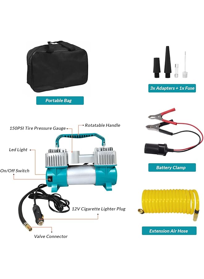 erorex 2 Cylinder Air Compressor With Light 150 Psi Max Pressure 12V Portable With Dual Stainless Steel Cylinders Quick Coupling Built In Thermal Overload Protection Ideal For Off Road Tires - Image 4