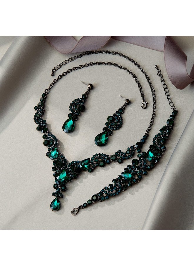 EVER FAITH Rhinestone Crystal Bridal Party Jewelry For Women, Art Deco Costume Floral Wave Teardrop Statement Necklace Earrings Bracelet Set Green Black-Tone  - Image 3