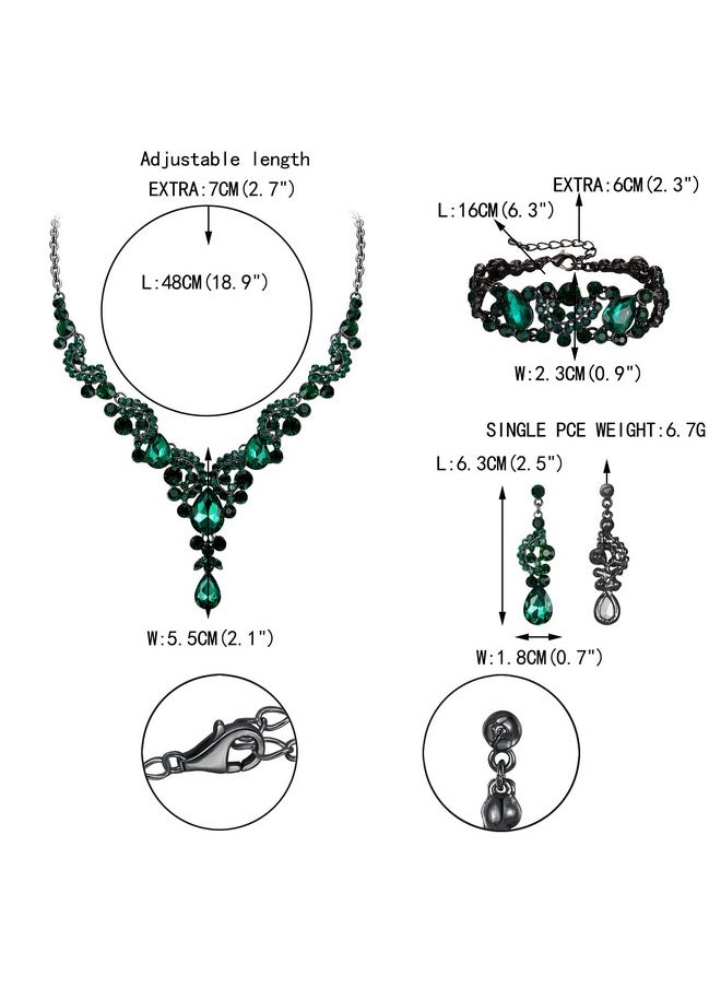EVER FAITH Rhinestone Crystal Bridal Party Jewelry For Women, Art Deco Costume Floral Wave Teardrop Statement Necklace Earrings Bracelet Set Green Black-Tone  - Image 4