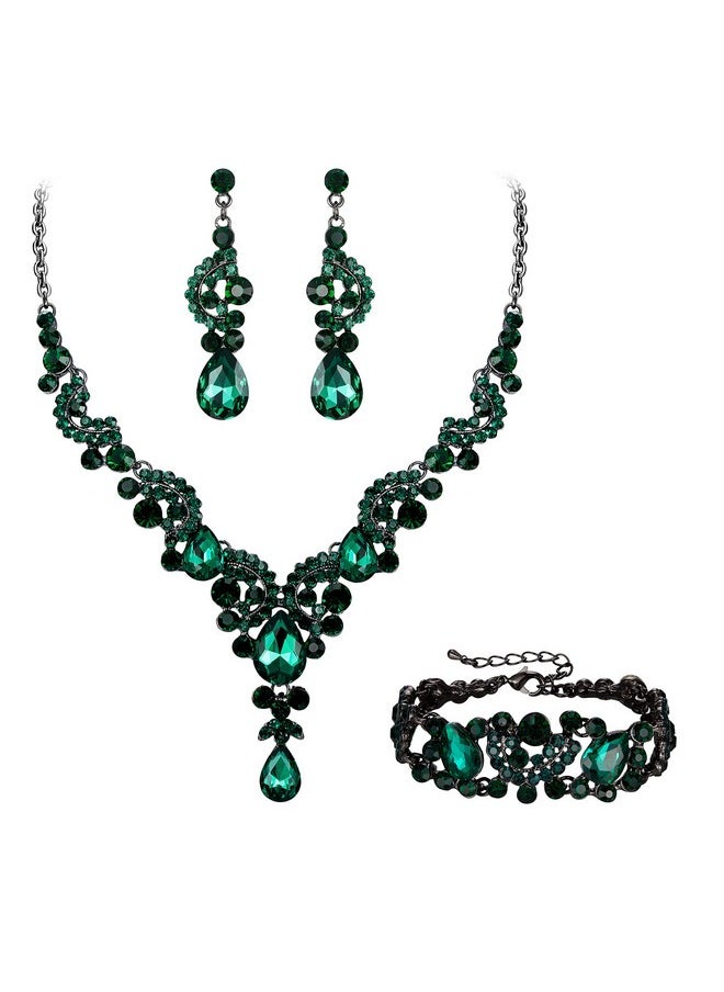 EVER FAITH Rhinestone Crystal Bridal Party Jewelry For Women, Art Deco Costume Floral Wave Teardrop Statement Necklace Earrings Bracelet Set Green Black-Tone  - Image 1