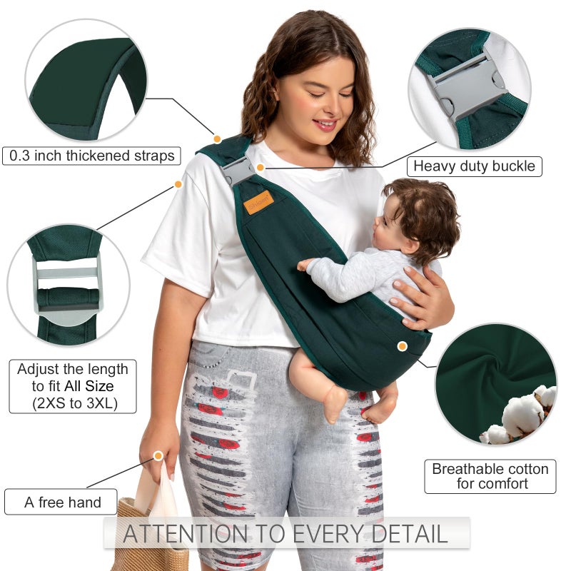 شياون Baby Sling Carrier Newborn to Toddler for Dad and Mom, Sling Baby Carrier Wrap Carrying, Adjustable Baby Holder Ideal for Baby Shower Gifts Carrying 7-45 lbs, Dark Green - Image 2