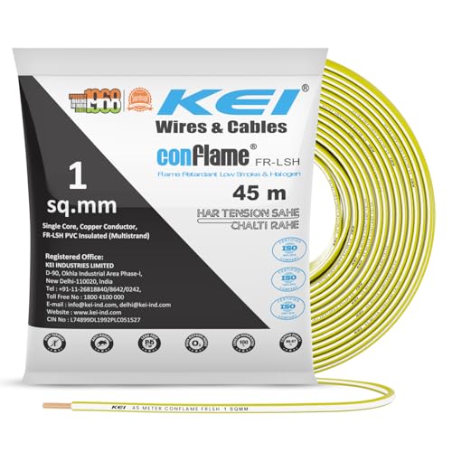 KEI CONFLAME FRLSH 1 sqmm 1 Core Copper Heat Resistant Flame Retardant Low Smoke & Halogen - Lead Free House Wire for Domestic & Industrial Electrical Wiring (Yellow, 45 Meters) - Image 1