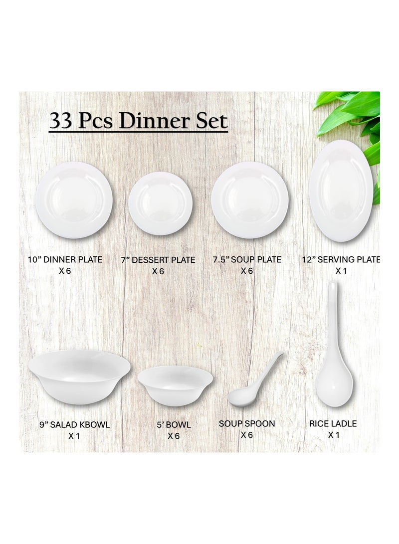 Melrich 33 Pcs Opal ware Dinner Set 6 Dinner plate 6 Dessert plate 6 Soup plate 6 Bowl 6 Soup Spoon 1 Serving Bowl 1 Ladle 1 Serving Plate Dishwasher Microwave safe - Image 2