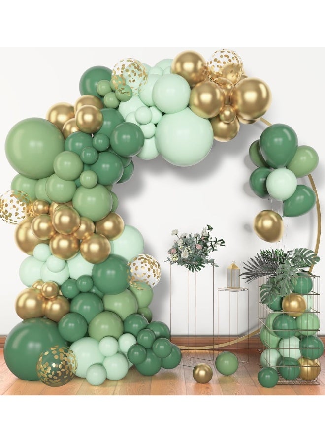 فَرَحُوم طقم قوس بالونات أخضر حكيم مكون من 149 قطعة، بأحجام مختلفة (18، 12، 10، 5 بوصات) بالونات لاتكس خضراء حكيم، ذهبية، معدنية وكونفيتي ذهبي لحفلات عيد الميلاد، الزفاف، خطوبة، تخرج، استحمام الطفل والديكورات - Image 1