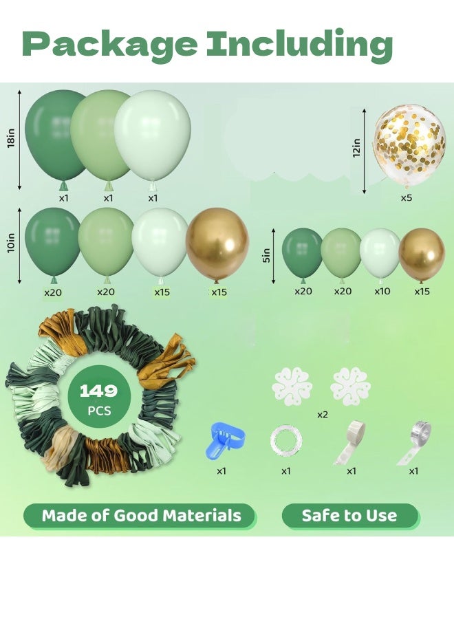 فَرَحُوم طقم قوس بالونات أخضر حكيم مكون من 149 قطعة، بأحجام مختلفة (18، 12، 10، 5 بوصات) بالونات لاتكس خضراء حكيم، ذهبية، معدنية وكونفيتي ذهبي لحفلات عيد الميلاد، الزفاف، خطوبة، تخرج، استحمام الطفل والديكورات - Image 2