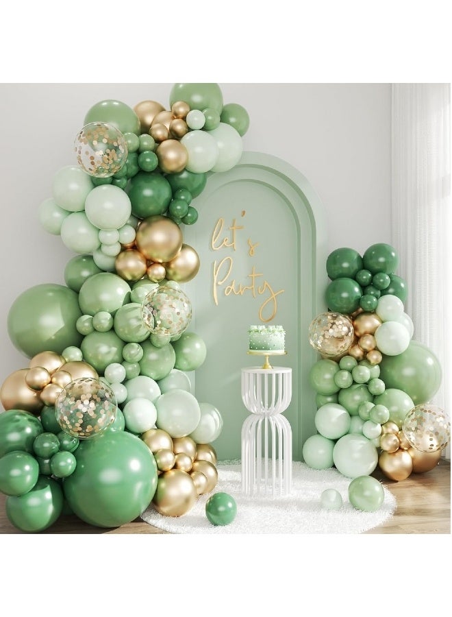 فَرَحُوم طقم قوس بالونات أخضر حكيم مكون من 149 قطعة، بأحجام مختلفة (18، 12، 10، 5 بوصات) بالونات لاتكس خضراء حكيم، ذهبية، معدنية وكونفيتي ذهبي لحفلات عيد الميلاد، الزفاف، خطوبة، تخرج، استحمام الطفل والديكورات - Image 5