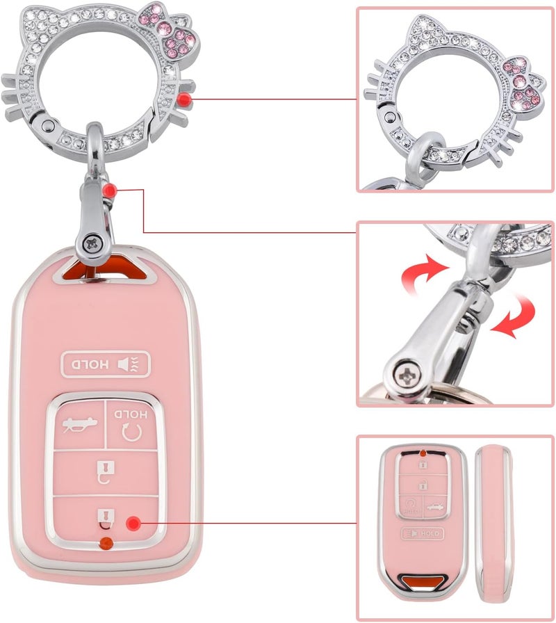 PANGPAI Pink Key Fob Cover for Honda, Soft TPU Key Case Protection with Bling Keychain Fit for Honda Accord Civic CRV Pilot Odyssey Smart Key Holder - Image 4