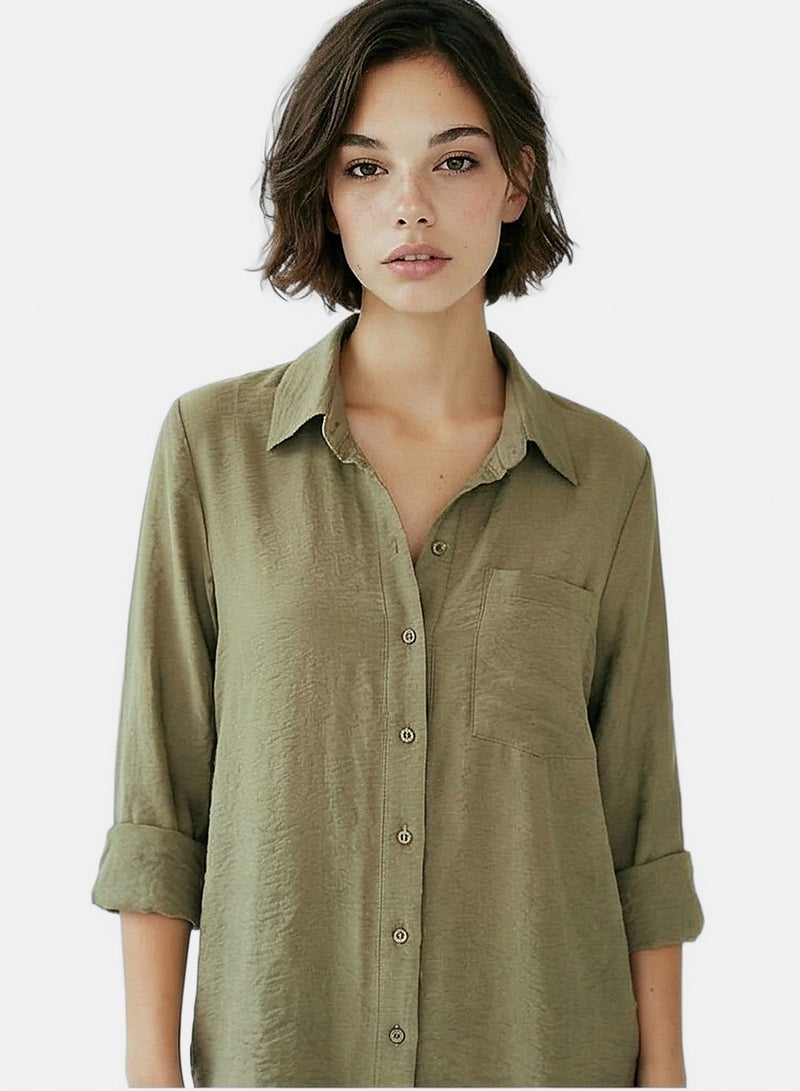 RAVIN Women's Earthy Olive Crinkle-Texture Button-Down Shirt - Image 1