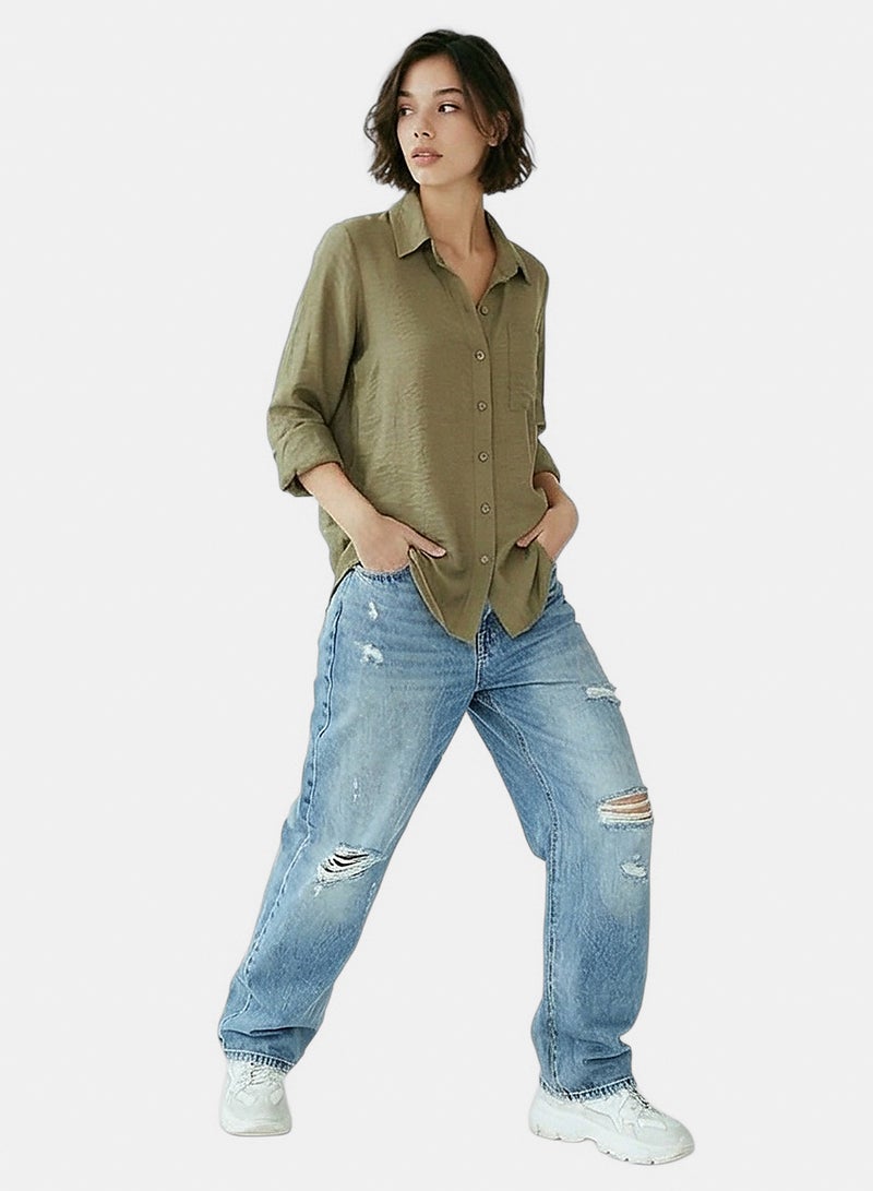 RAVIN Women's Earthy Olive Crinkle-Texture Button-Down Shirt - Image 3