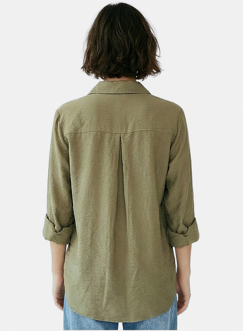 RAVIN Women's Earthy Olive Crinkle-Texture Button-Down Shirt - Image 2