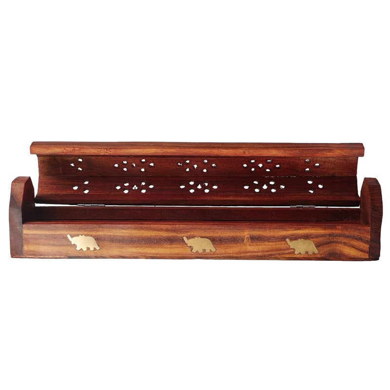 CRAFTY ESSENTIALS Sheesham Wooden and Brass Agarbati Holder Dhoop Agarbatti Stick Wodden Box Holder Stand Size 12x2x15 inch - Image 1