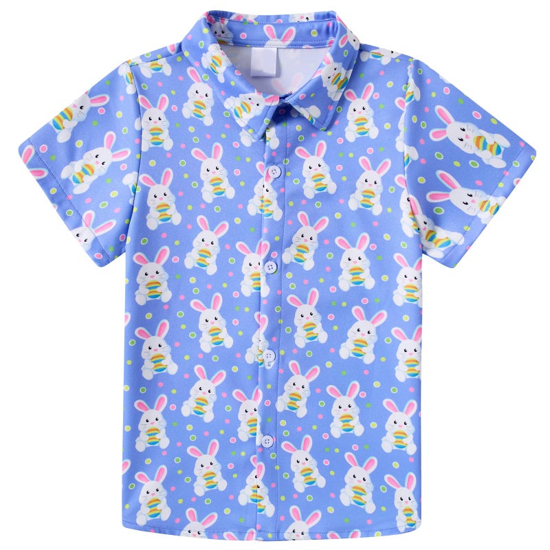 RAISEVERN Boys Button Down Shirt Easter Bunny Festival Hawaiian Short Sleeve Egg Casual Button Up for School Party Holiday Beach 5-6T - Image 1