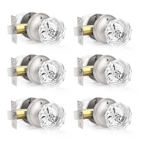 Orger 6 Pack Privacy Door Knobs, Clear Glass Door Handles with Satin Nickel Finish, Crystal Interior Door Handles for Bed/Bathroom, Zinc Alloy Round Rosette - Image 1