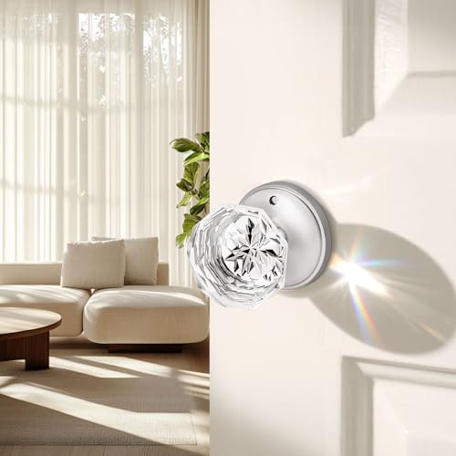 Orger 6 Pack Privacy Door Knobs, Clear Glass Door Handles with Satin Nickel Finish, Crystal Interior Door Handles for Bed/Bathroom, Zinc Alloy Round Rosette - Image 2