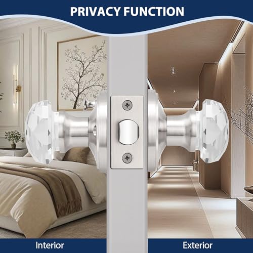 Orger 6 Pack Privacy Door Knobs, Clear Glass Door Handles with Satin Nickel Finish, Crystal Interior Door Handles for Bed/Bathroom, Zinc Alloy Round Rosette - Image 4