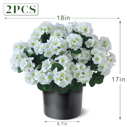 GLIDLION 2 Pack Artificial Geranium Flowers Topitary Trees for Outdoors, UV Resistant Geraniums Potted Bushes Look Real Silk Faux Plants for Front Door Garden Porch Planter Farmhouse Home Decor (White) - Image 5