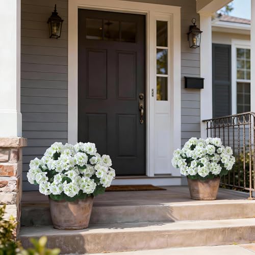 GLIDLION 2 Pack Artificial Geranium Flowers Topitary Trees for Outdoors, UV Resistant Geraniums Potted Bushes Look Real Silk Faux Plants for Front Door Garden Porch Planter Farmhouse Home Decor (White) - Image 3