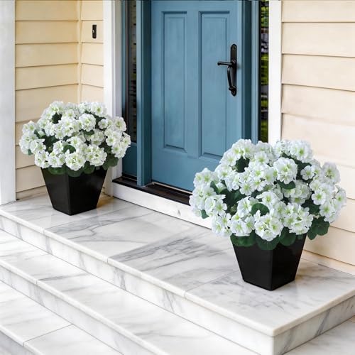 GLIDLION 2 Pack Artificial Geranium Flowers Topitary Trees for Outdoors, UV Resistant Geraniums Potted Bushes Look Real Silk Faux Plants for Front Door Garden Porch Planter Farmhouse Home Decor (White) - Image 2