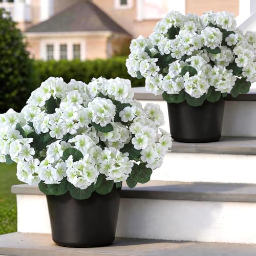 GLIDLION 2 Pack Artificial Geranium Flowers Topitary Trees for Outdoors, UV Resistant Geraniums Potted Bushes Look Real Silk Faux Plants for Front Door Garden Porch Planter Farmhouse Home Decor (White) - Image 1