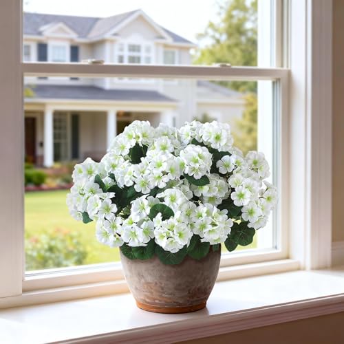 GLIDLION 2 Pack Artificial Geranium Flowers Topitary Trees for Outdoors, UV Resistant Geraniums Potted Bushes Look Real Silk Faux Plants for Front Door Garden Porch Planter Farmhouse Home Decor (White) - Image 4