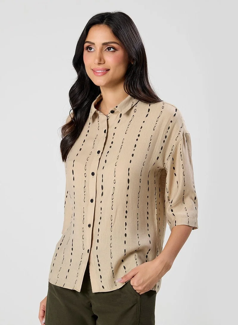 Zigzag Flared Sleeve Brown Shirt