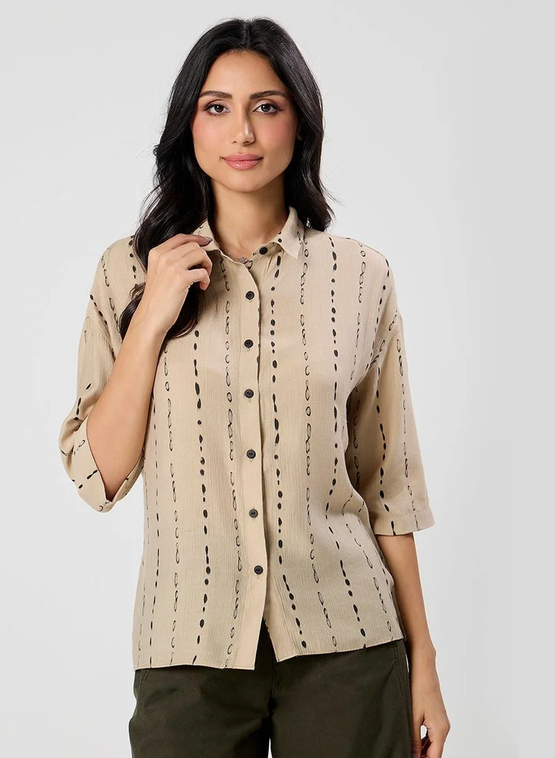 Zigzag Flared Sleeve Brown Shirt