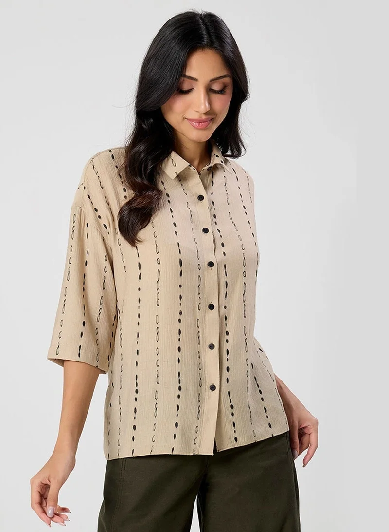 Zigzag Flared Sleeve Brown Shirt