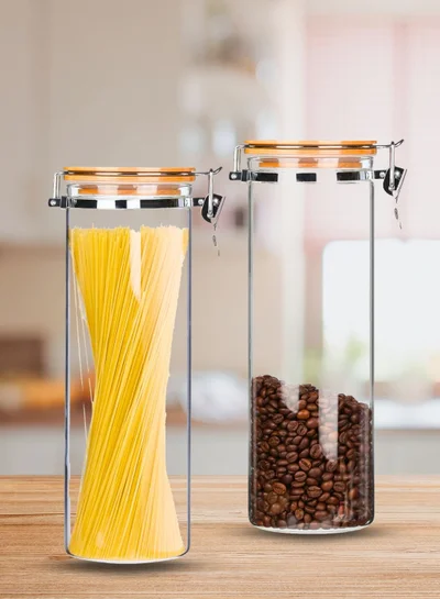 1Chase Borosilicate Glass Storage Jar With Clip and Airtight Bamboo Lid 1400 ML With Spoon (Set of 2)