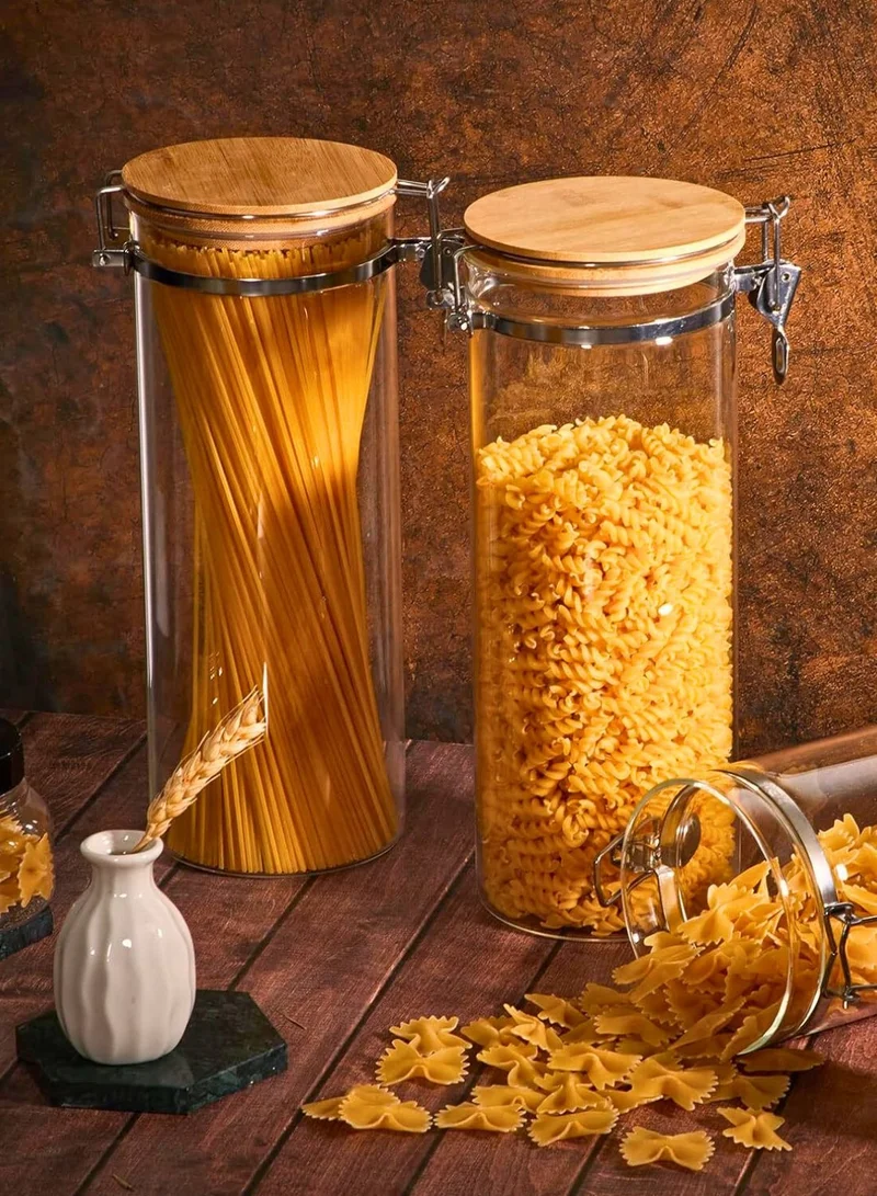 1Chase Borosilicate Glass Storage Jar With Clip and Airtight Bamboo Lid 1400 ML With Spoon (Set of 2)