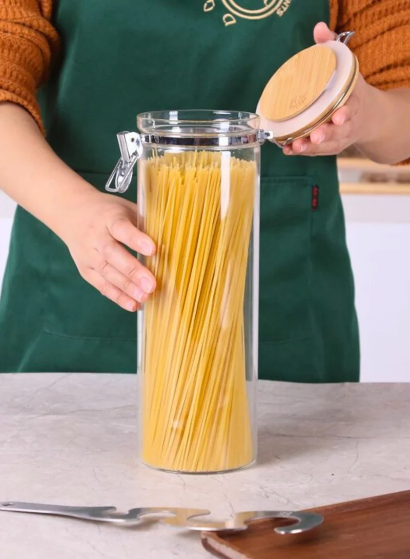 1Chase Borosilicate Glass Storage Jar With Clip and Airtight Bamboo Lid 1400 ML With Spoon (Set of 2)