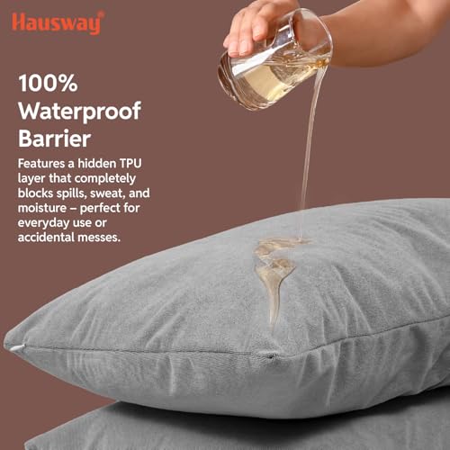 HAUSWAY Pillow Protector Waterproof | Terry Cotton | Pillow Cover with Zip | 200 GSM | Grey - 28x18 Inch | Set of 2 - Image 2