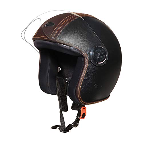 O2 Star Leather Unisex Open Face Helmet with Scratch-Resistant Transparent Visor & Adjustable Strap for Bike Scooty Ride (Black, M) - Image 1