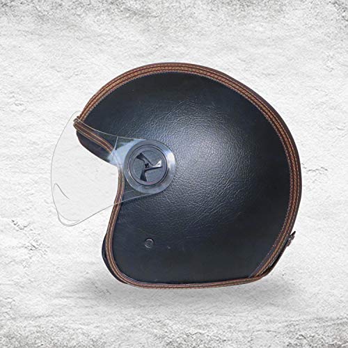O2 Star Leather Unisex Open Face Helmet with Scratch-Resistant Transparent Visor & Adjustable Strap for Bike Scooty Ride (Black, M) - Image 2