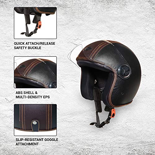 O2 Star Leather Unisex Open Face Helmet with Scratch-Resistant Transparent Visor & Adjustable Strap for Bike Scooty Ride (Black, M) - Image 5