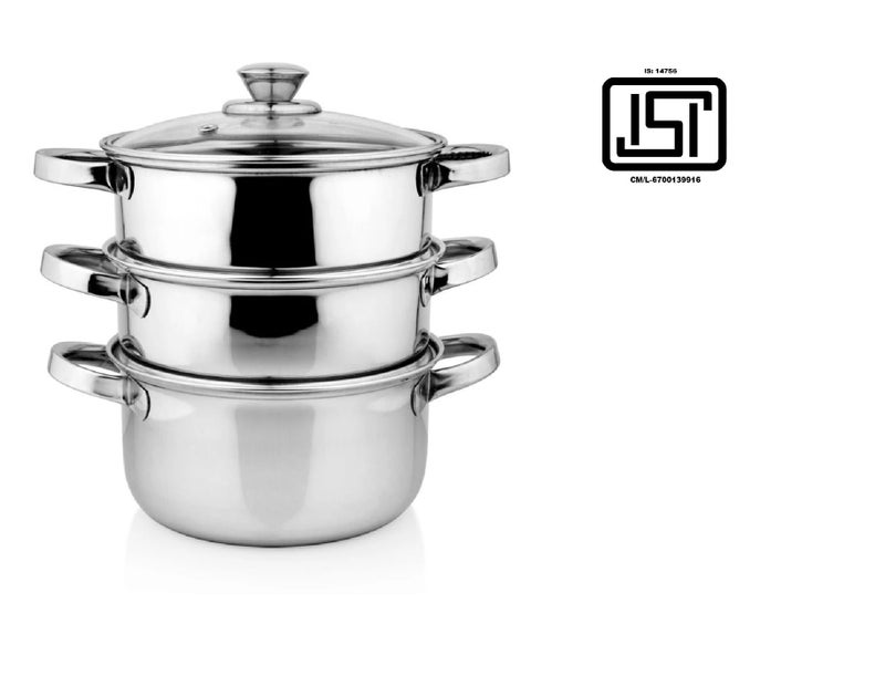 KLASSI KICHEN Stainless Steel 3-Tier Food Steamer 1.5 Litre | Multi-Purpose Steamer Pot for Idli, Dhokla, Vegetables & Momos | Gas Stove & Induction Compatible | Silver - Image 2