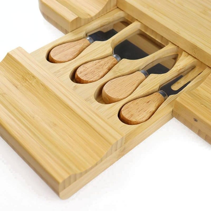AJARVAR Organic Bamboo Cheese Board Gift Set Wooden Charcuterie Platter Serving Tray for Meat Fruit Crackers Includes 4 Stainless Steel Knives Slate LabelsPo1 - Image 4