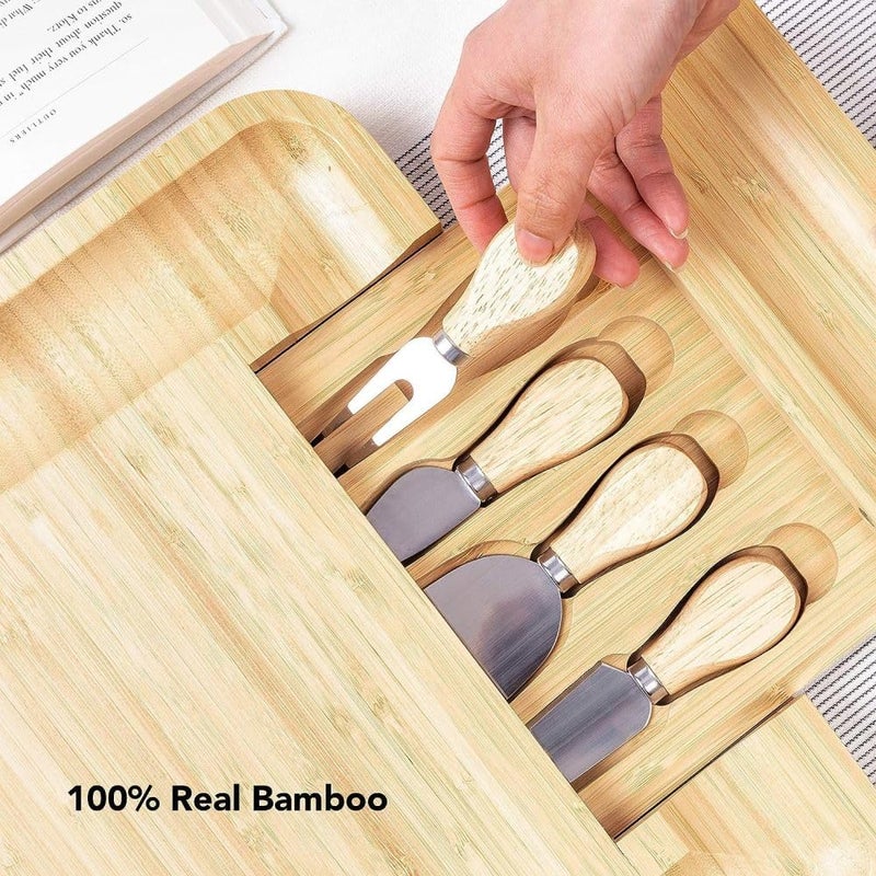 AJARVAR Organic Bamboo Cheese Board Gift Set Wooden Charcuterie Platter Serving Tray for Meat Fruit Crackers Includes 4 Stainless Steel Knives Slate LabelsPo1 - Image 2